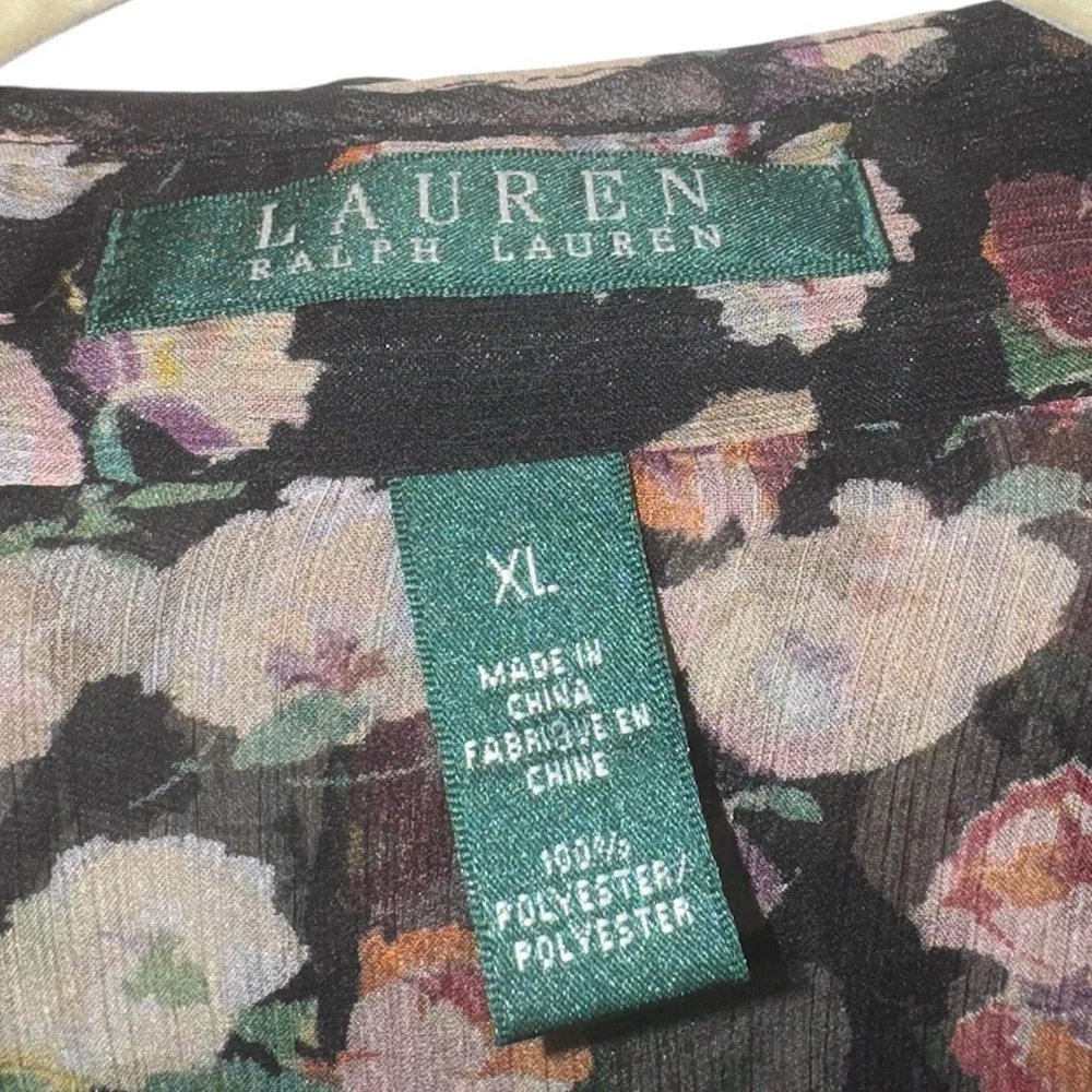 Lauren Ralph Lauren Sheer Floral Ruffle Blouse XL – Romantic Black Rose Print - Picture 8 of 9